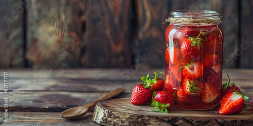 A jar of pickled strawberries on a wooden table surrounded by fresh strawberries.