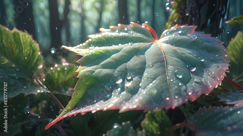 high quality, 8K Ultra HD, masterpiece, realistic photo, wash technique, colorful, pale touch, smudged outline, like a fairy tale, soft touch, summer sky, detailed, dew on leaf, in a forest, Ocean, lu