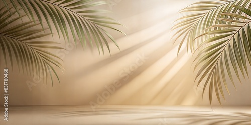 Soft Beige Wall Blur: A warm, beige blurred background with gentle palm leaf shadows, suitable for elegant product displays. 