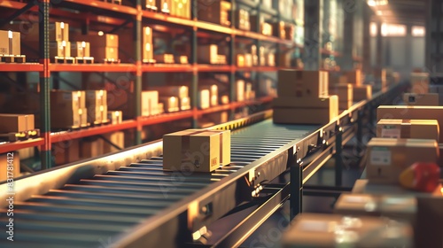 Warehouse with conveyor belts and sorted packages, high detail