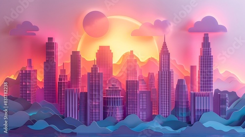 80s synthwave cityscape in paper cut craft, blending futuristic elements with nostalgic paper art techniques