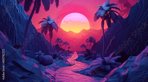 Paper cut art of a synthwave scene, featuring neon signs, palm trees, and a retro-futuristic vibe