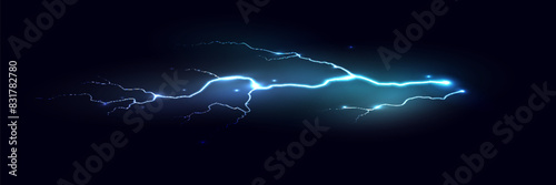 Set of the isolated realistic lightnings with transparency for design. Thunder-storm and lightnings. Magic and bright lighting effects. Natural effects