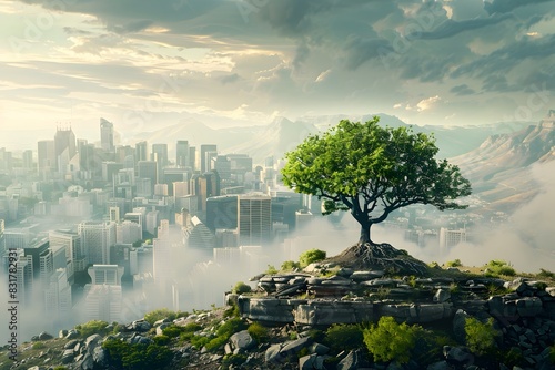 An illustration of a tree on a rocky outcrop overlooking a modern cityscape with mountains, symbolizing nature and urban harmony