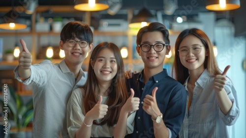 Group of Asia young creative people in smart casual wear smiling and thumbs up in creative office workplace. Diverse Asian males and females stand together at startup. Coworker teamwork concept.