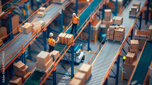 Warehouse workers operating conveyor belts, high detail