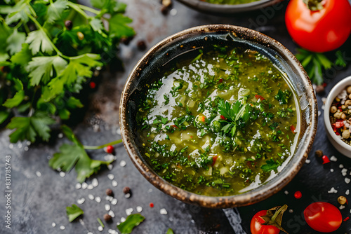  Top view of a healthy condiment recipe fresh salsa verde in a bowl with a green sauce made from fresh herbs spices and a chimichurri dipping sauce created
