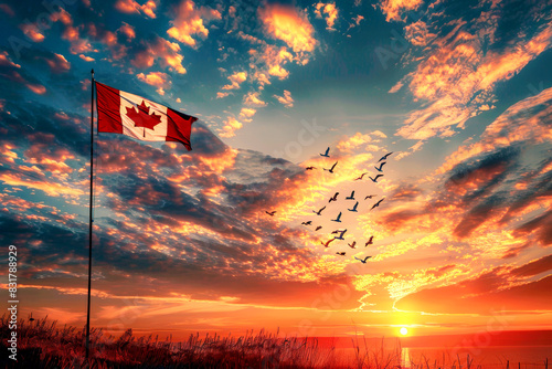 he Canadian flag flying at sunset with birds in the sky, creating a breathtaking view of national pride and natural beauty.