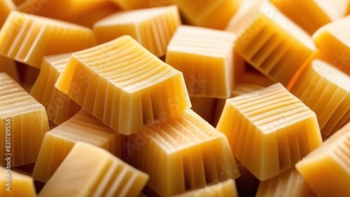 A close-up of uncooked, yellow macaroni pasta, each piece showcasing its characteristic elbow shape and ridged texture