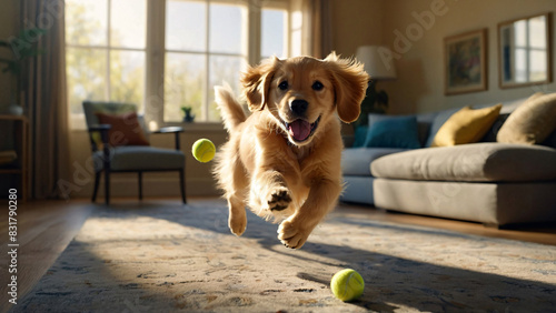 Happy golden retriever puppy jumping, sunny bright living room. Generative AI.