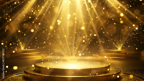 golden christmas lights, Podium with Golden Light Lamps Background Gol 