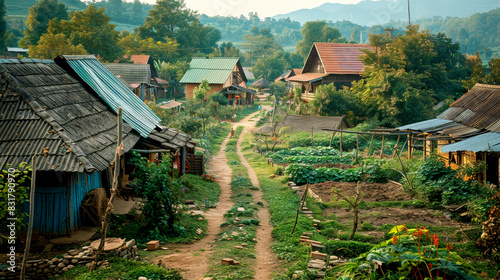 Picturesque rural village with a dirt path and green gardens in a lush setting.