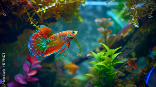 Guppy fish with bright colors and variegated fins swim happily in a colorful aquarium, Ai generated Images