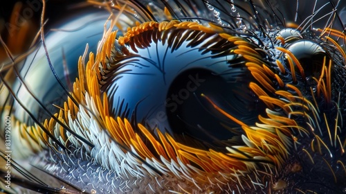 A stunning microscope image of a spider's eye, displaying the detailed structure and arrangement of the eye's components. The high magnification captures the complexity of arachnid vision.