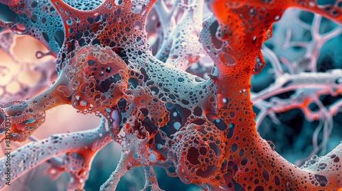 A stunning microscope image of a section of human lung tissue, revealing the detailed alveoli and cellular structure. The high magnification highlights the complexity and function of respiratory