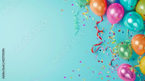 A lively party background with colorful balloons and ribbons cascading from the top, set against a light blue backdrop. The lower half of the image is clear, offering plenty of copy space for event
