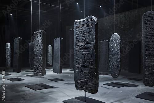 A series of stone tablets with inscriptions that evolve into digital screens