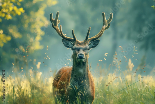 Majestic deer standing in a sunlit meadow, showcasing its antlers and the peaceful natural environment.