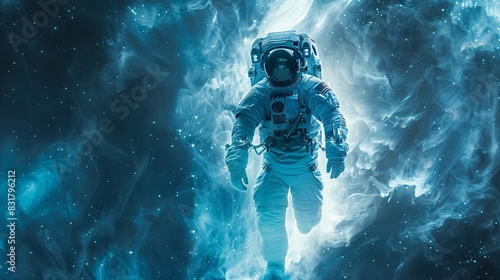 A lone astronaut floating weightlessly within a nebula, bathed in its ethereal glow. The nebula resembles a cosmic jellyfish, its tendrils trailing behind the astronaut.