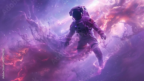A lone astronaut floating weightlessly within a nebula, bathed in its ethereal glow. The nebula resembles a cosmic jellyfish, its tendrils trailing behind the astronaut.