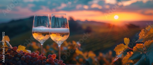 sunset over the vineyard, grapevines and hills, close up, vibrant palette, Double exposure silhouette with wine glasses
