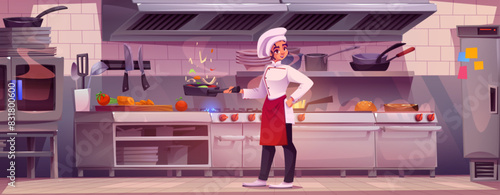 Woman chef in uniform and hat cooking food on restaurant kitchen. Cartoon vector cuisine interior with furniture, equipment and utensils. Female cooker prepare meal in professional cafe cuisine.
