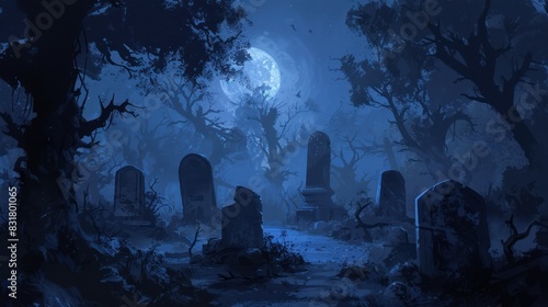 A haunting, dark-toned illustration of a graveyard at night, with old, crooked tombstones and a full moon casting long shadows.