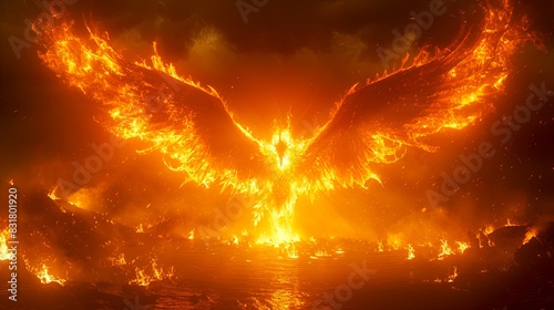 A majestic phoenix rises from the flames with wings spread wide against a dramatic, fiery backdrop. Symbol of rebirth and immortality.