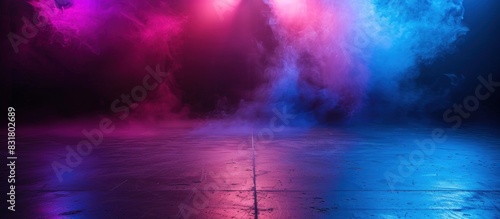 Dark stage shows, blue, and purple background, an empty dark scene, laser beams, neon