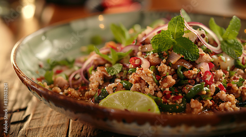 Close-up of a savory plate of larb with minced chicken, featuring toasted rice powder, fresh mint leaves, sliced shallots, and a zesty lime dressing. Generative AI illustration 