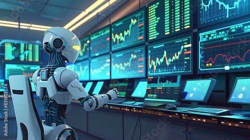AI in Finance: Illustrate the use of AI in a financial trading room where algorithms analyze market trends and execute trades with high precision