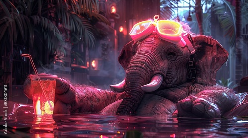  An elephant wearing goggles in a water pool with a drink in its trunk