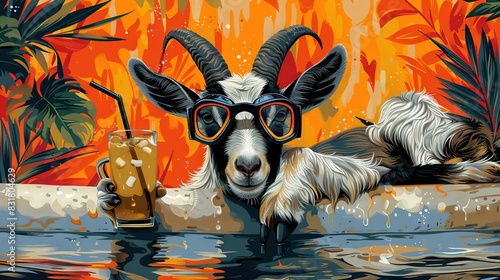  A painting of a goat donning goggles and clutching a mug of ale beside a tranquil pond