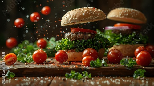  A burger with lettuce, tomatoes, and other toppings in mid-air on a wooden platter