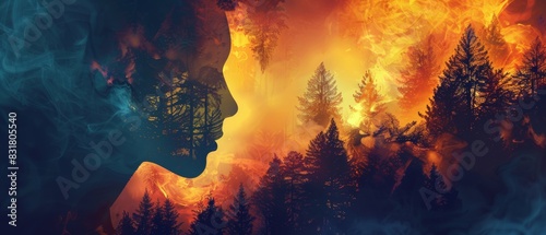 conceptual illustration with fantasy elements, mythical creatures, focus on, bold hues, Double exposure silhouette with enchanted forests