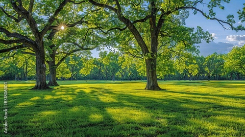  The sun illuminates a lush meadow, where emerald grasses sway beneath towering tree trunks on either side