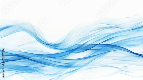Blue waves undulate abstractly against a pristine white backdrop