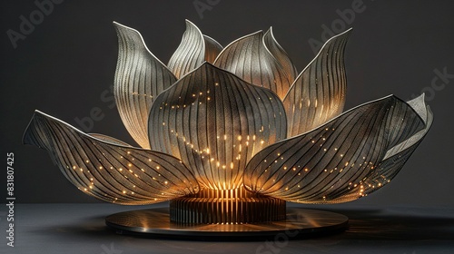  A metal sculpture of a large flower with lights on its petals and petals on top of its petals