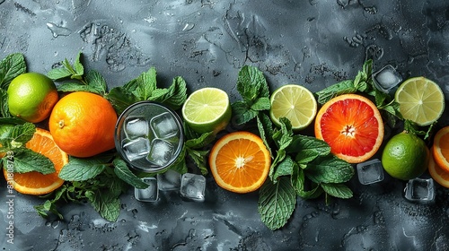  Oranges, limes, limes, and mojitos are arranged in a row on a table