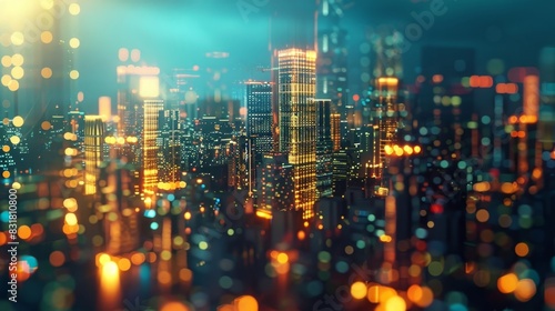 A futuristic skyline with towering buildings hinting at the potential for blockchain to revolutionize smart city development and improve energy efficiency.