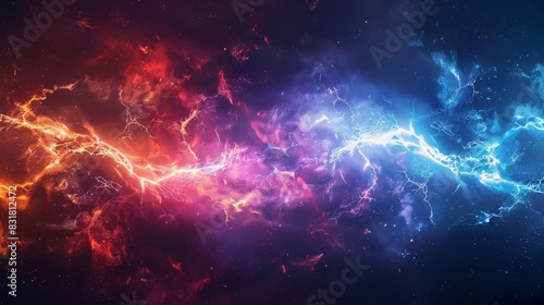 abstract energy, dynamic shapes, motion theme, focus on, bold hues, Double exposure silhouette with lightning bolts