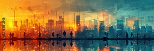 Abstract cityscape with silhouettes reflecting in water, representing urban life and contrast between warm and cool tones during sunset.