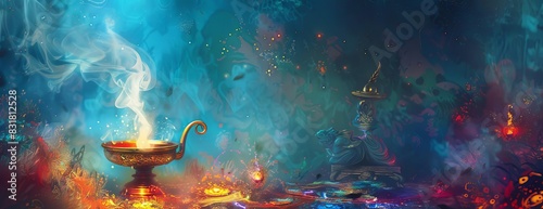 Mystical scene with a glowing incense burner and smoke in a fantasy setting.