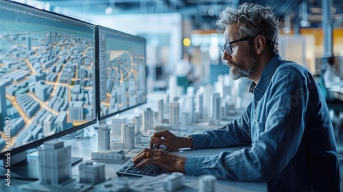 Architect at work on a computer in an office, designing a cityscape using advanced software, surrounded by scale models and plans.