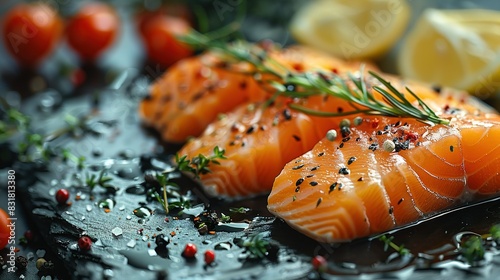  A close-up of fish on a plate with lemons and tomatoes in the background, water droplets on the surface