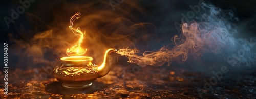 A magical genie lamp with smoke and fire.