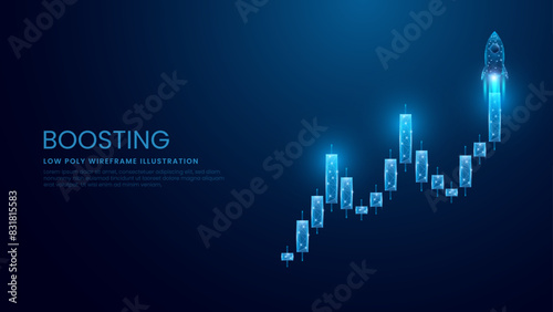 Digital stock market candlestick and trading concept with rocket boost. Low Poly Wireframe Vector Illustration on Technological Blue Background. 