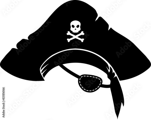 Pirate captain or sailor photo booth mask with tricorn hat and eye patch. Privateer cocked hat, filibuster classic costume or caribbean buccaneer sailor or pirate headwear vector photo booth mask