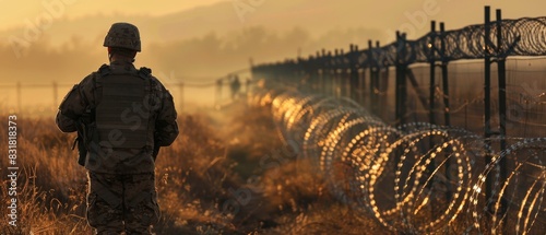 State Security Concept: Armed guard on border with razor wire fencing in foreground