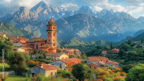 Charming village nestled beneath majestic mountains, featuring vibrant greenery and picturesque red-roofed buildings, creating a serene and idyllic landscape.